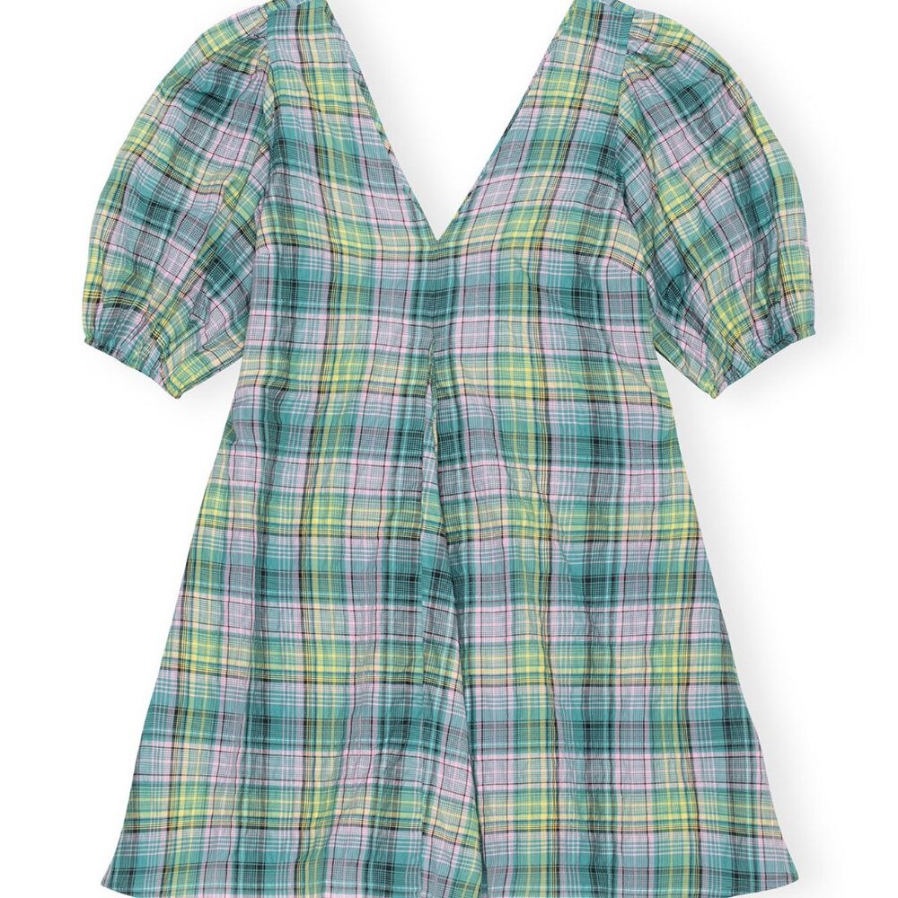 GANNI Seersucker Check V-Neck Mini Dress Multicolor Pastel Plaid Print size 8